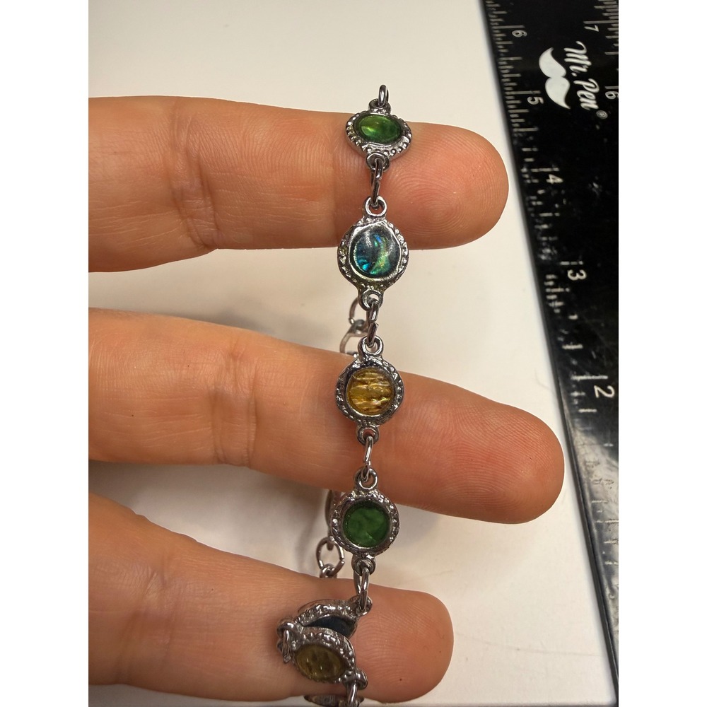 Silver Tone Multi Color Cabochon Link Bracelet Green Blue Amber Yellow 7.25"